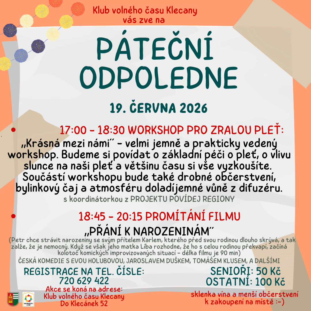 Plakát: Tradiční páteční odpoledne v Klubu volného času Klecany